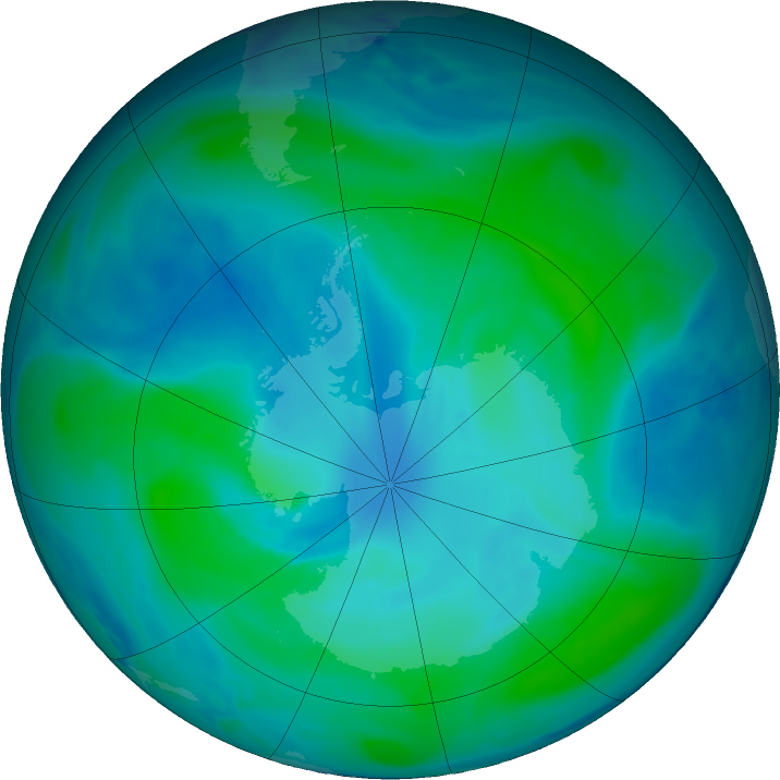 Antarctic ozone map for 16 January 2022